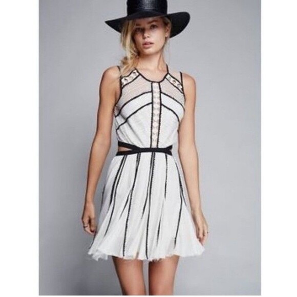 Free People Byzantina Solid Mini Dress Lace Raw Frayed Hem Back Side Cutouts XS - Picture 1 of 16